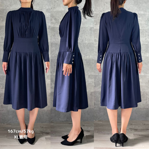洗えて安心♡上品美ラインシルエット 膝下フレアワンピース：XL 卒業式