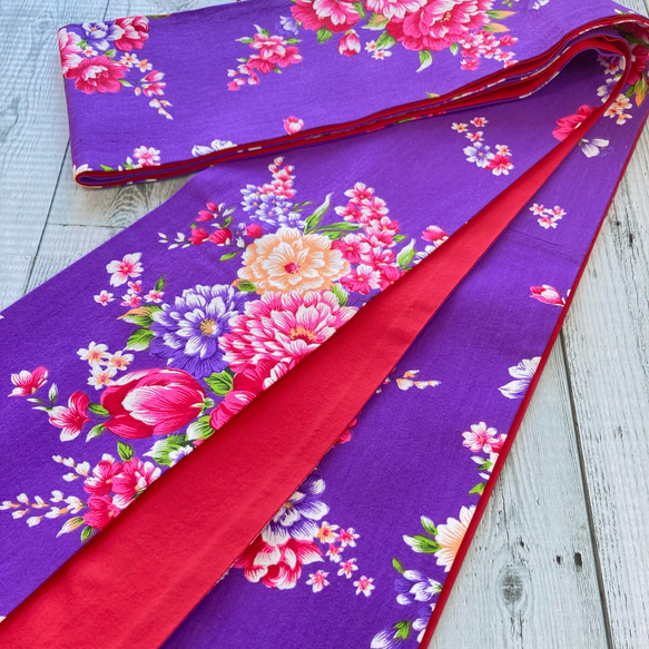 ★お客様決定★アンティークのリバーシブル帯▪赤紫地にカトレア＊ベージュ地朱色の菊 アンティークのリバーシブル帯▫赤紫地にカトレア＊ベージュ地朱色の菊