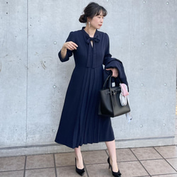 ジョーゼット ボウタイプリーツフレアワンピース紺【L】七五三