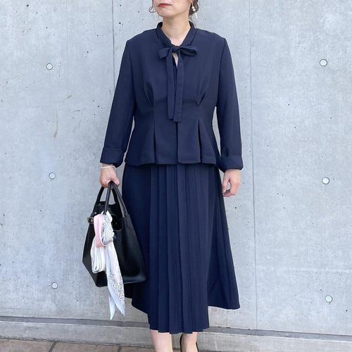 ジョーゼット ボウタイプリーツフレアワンピース紺【L】七五三