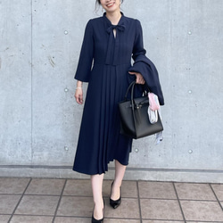 ジョーゼット ボウタイプリーツフレアワンピース紺【XL】七五三