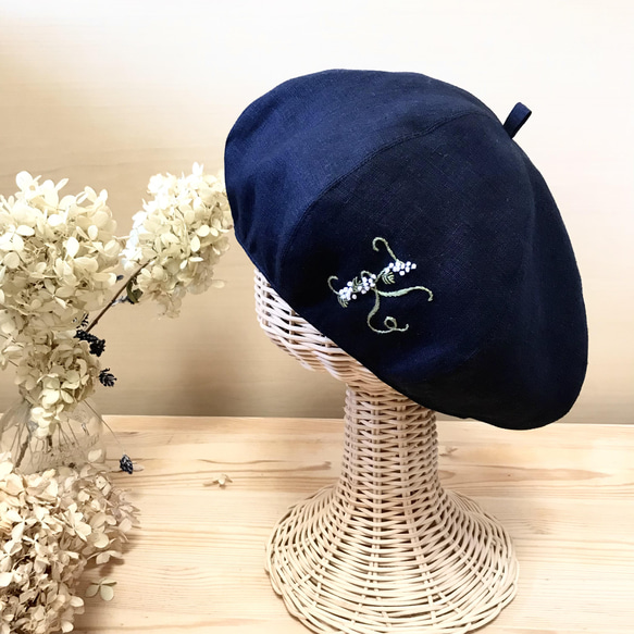 春夏【大人】国産リネン イニシャル刺繍 ベレー帽　 お出かけ 4枚目の画像