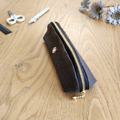 コットンフラワー刺繍のパカッとロングポーチ*ペンケース*メガネケース