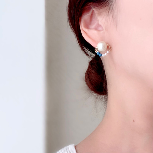 一粒コットンパールと淡水パール 異素材ミックスピアス/イヤリング