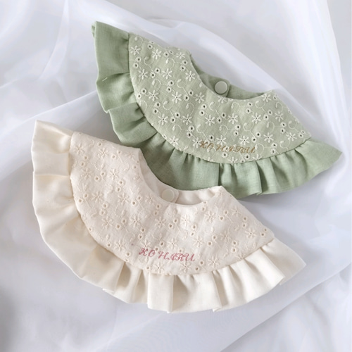 名入れOK／刺繍ダブルガーゼのリバーシブルフリルスタイ* スタイ