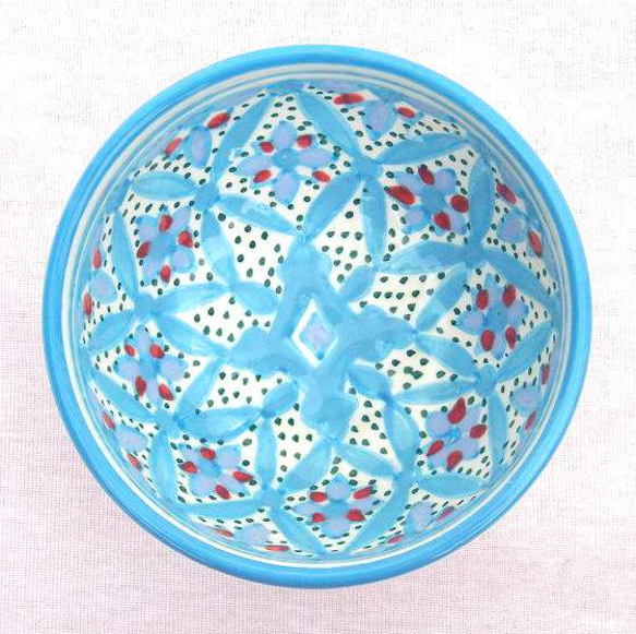 チュニジア・ナブール陶器　ミニクスクス皿&10cmボウルセット 人を酔わす青と赤 55 9枚目の画像