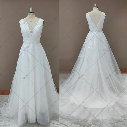 Vネック トレーン Aライン ウェディングドレス 披露宴挙式 前撮り 結婚 