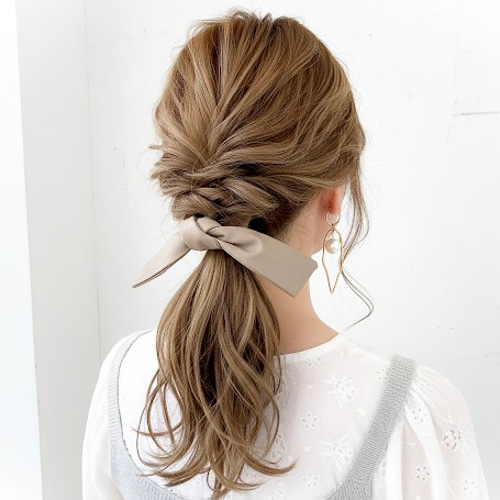 ベージュ 】レザー調 ワイヤーリボン ヘアゴム / ヘアワイヤー