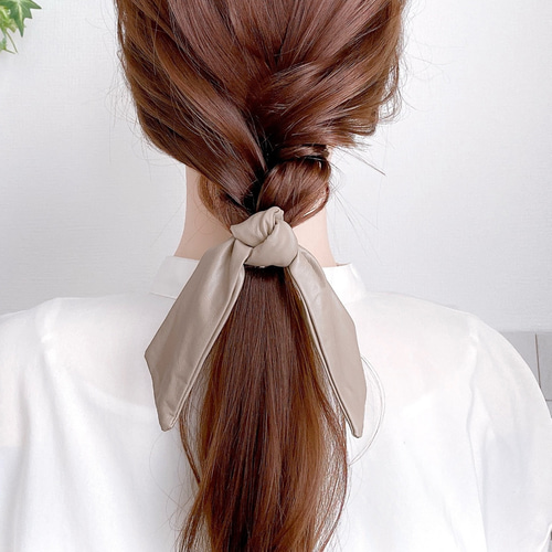 ベージュ 】レザー調 ワイヤーリボン ヘアゴム / ヘアワイヤー