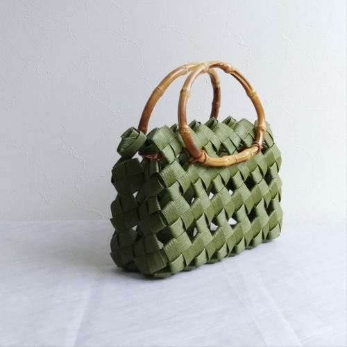 春 夏 大人カゴバッグ S 抹茶green 竹ハンドル 着物 浴衣 ギフト
