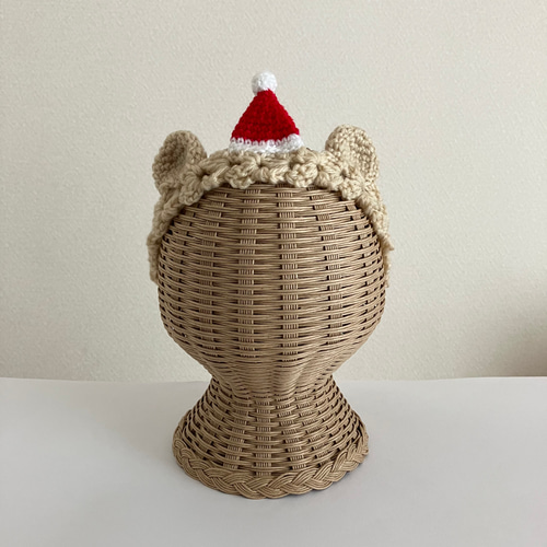 クリスマスサンタ帽子のくまみみヘアバンド サイズ調整可 手編み 雑貨