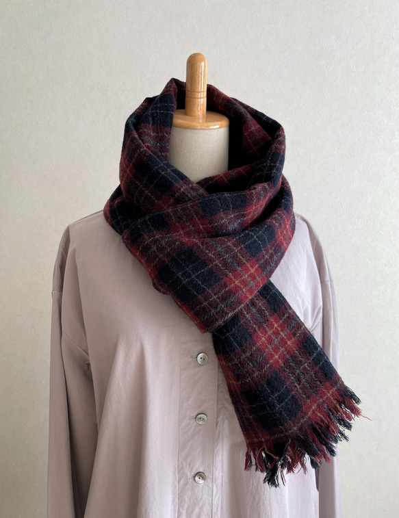 ウールガーゼのワイドストール・チェック（ダークレッド×ネイビー