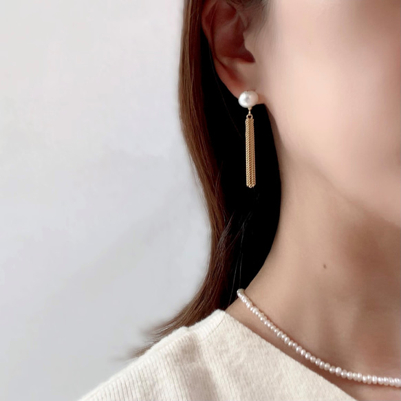 タッセルチェーン付コットンパール ピアス/イヤリング ピアス 
