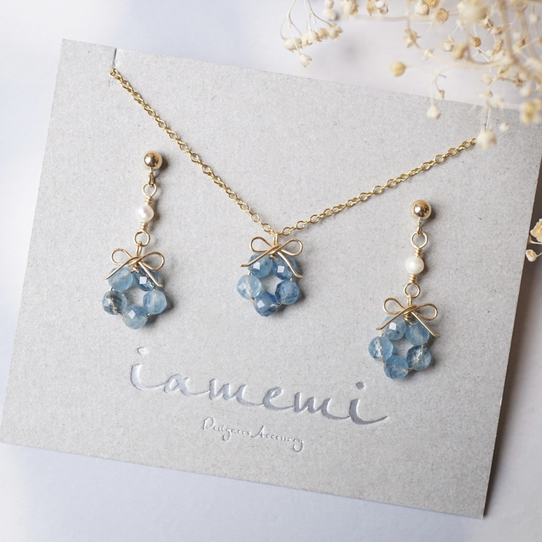 【お得セット】「ネモフィラの花結」ピアス イヤリング ネックレス アクアマリン 淡水パール リボン 天然石 誕生石 春