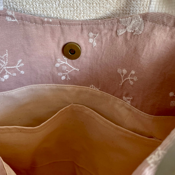 コーデュロイピンクに鳥　花柄丸いラインのトートバッグ 6枚目の画像