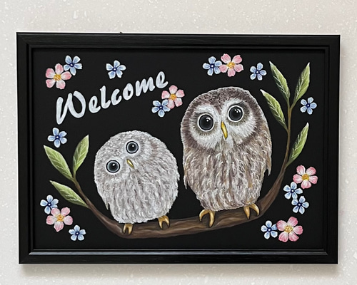 フクロウの親子(受注制作)フレーム仕様✨チョークアート・原画 絵画 に