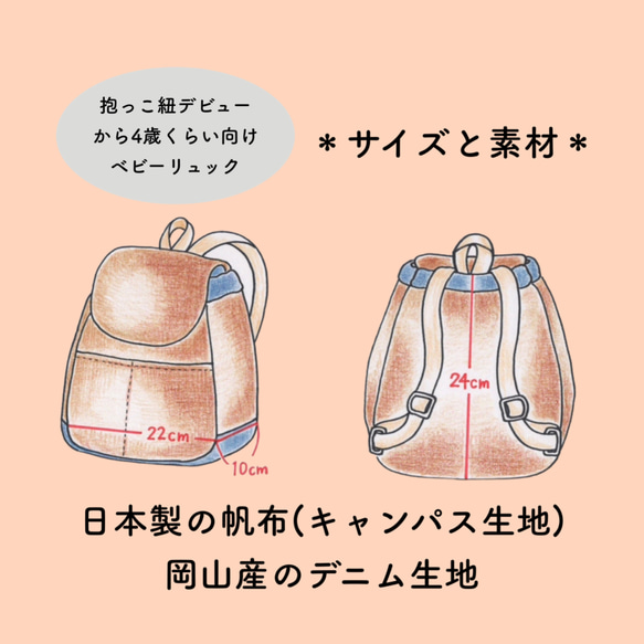 抱っこ紐バッグとベビーリュックの2WAYで使える！帆布×岡山産デニムのベビーリュック＊キャメル(ブラック紐)受注製作 10枚目の画像