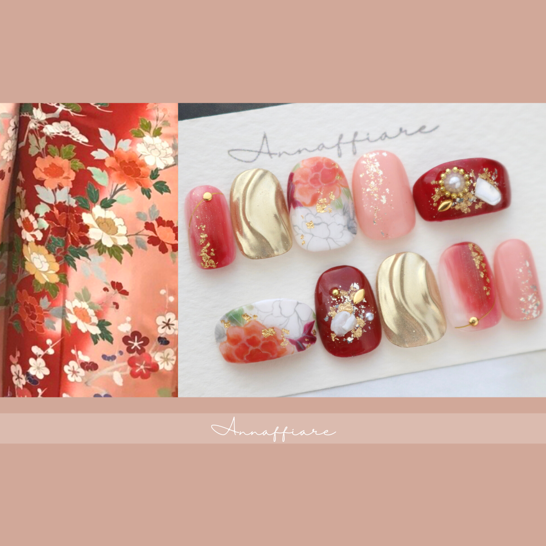 振袖柄オーダー♡和装ネイルチップ　　　/Annaffiare成人式振袖和柄白無垢浴衣結婚式マムシ爪まむし爪マムシ指赤