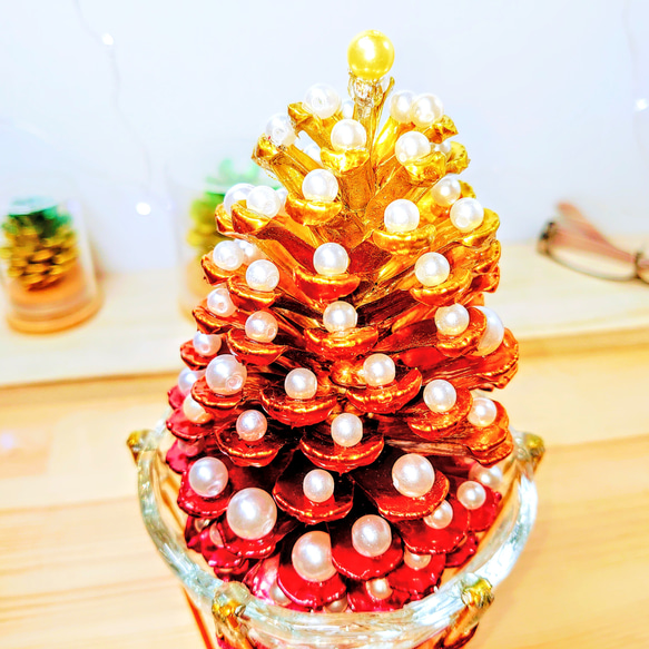 Ks031 大王松 松ぼっくり クリスマスツリー オーナメント「レッド / パール 風 装飾」 5枚目の画像