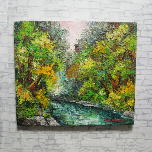 油絵 油彩 油彩画 絵 絵画 【新緑の渓流】 絵画 HR 通販 12680954