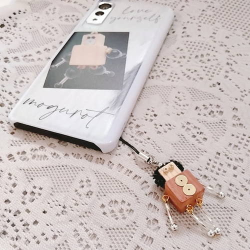 頭に受話器を乗せた黒電話ロボットストラップ☆木のハンドメイド