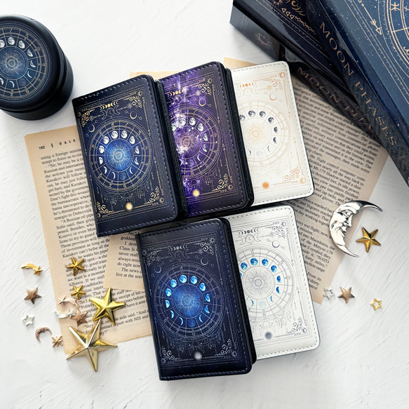 小さな魔法の本のような名刺入れ 月の満ち欠け・12星座 / 星 宇宙