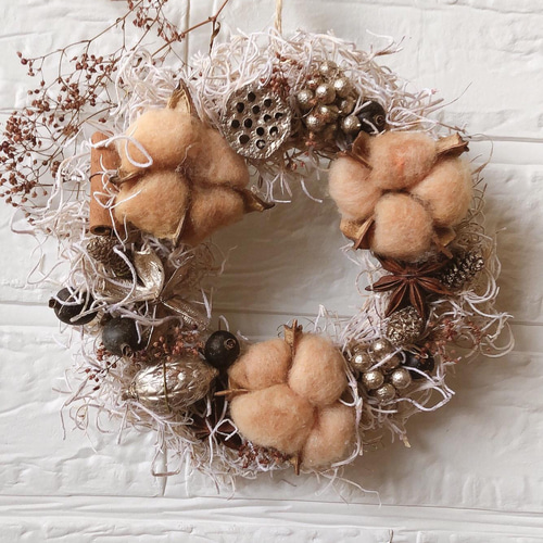 コットンリース ✲ 木の実のリース ✲ リース ✲ ドライフラワーリース  