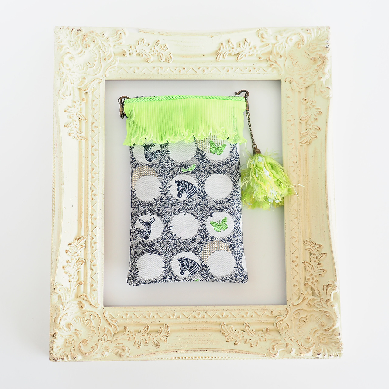 ☆再販☆フランスジャカード使用☆チョでかけポシェット アニマルドット柄 【馬と鹿】(グリーン)