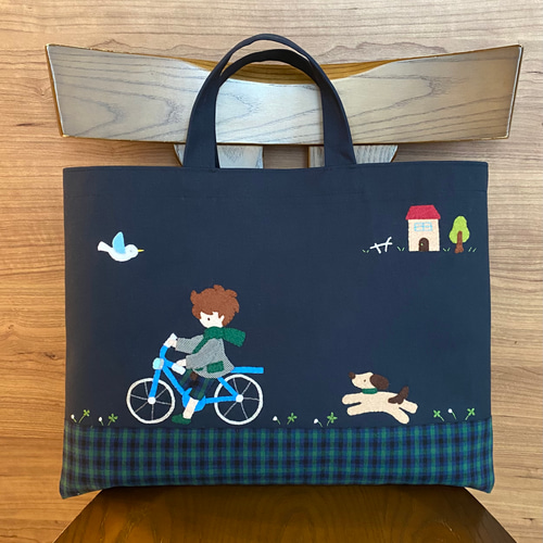 受注制作】男の子 自転車 いぬ お受験バッグ ファミリア 受注制作】男の子 自転車 いぬ お受験バッグ ファミリア