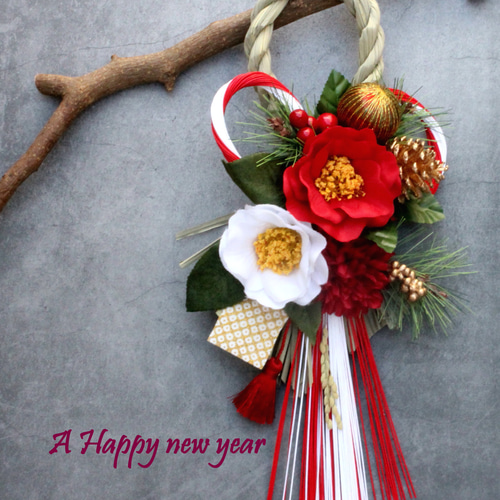 たくさん再販☆綺麗な大輪椿水引きお正月しめ縄飾りリース しめ縄