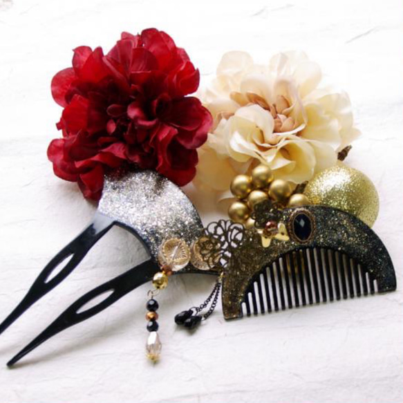 結婚式 和婚 花嫁 ウェディング 髪飾り 花 赤 簪 漆黒の光輝き 月光の  