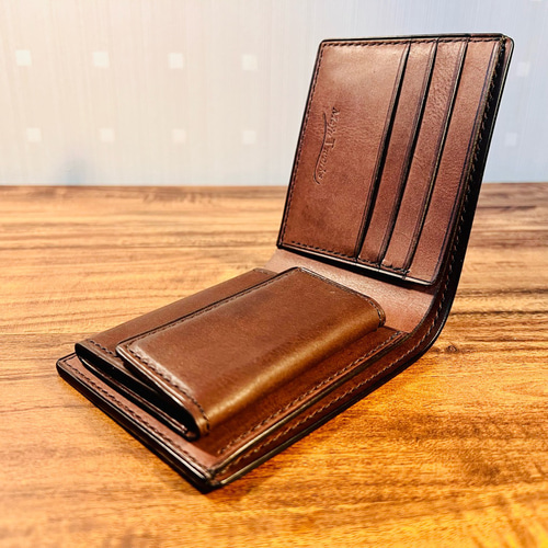 革の手染め- 二つ折り財布 / ブラウン（茶+黒） ミニ財布・コンパクト