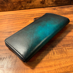 革の手染め- L字ファスナー中財布 / グリーン（緑+青） 5枚目の画像
