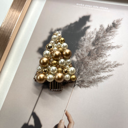 ビーズ刺繍ブローチ　パールクリスマスツリー　アンティークゴールド　大人　 5枚目の画像