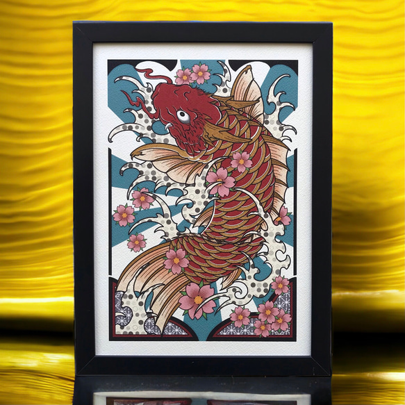 尾九 刺青画 赤色 化け鯉 オリジナルイラスト A4サイズ  簡易フレーム付き 1枚目の画像