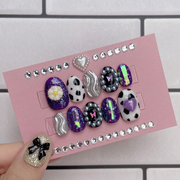 glitter purple 】ネイルチップ お花 派手 紫 ダルメシアン 牛柄  