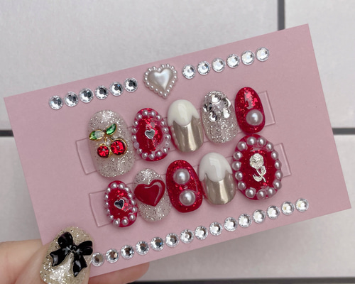 cherry〜様　ネイルチップセット vivid cherry】ネイルチップ ラメ 赤 さくらんぼ ネイルチップ
