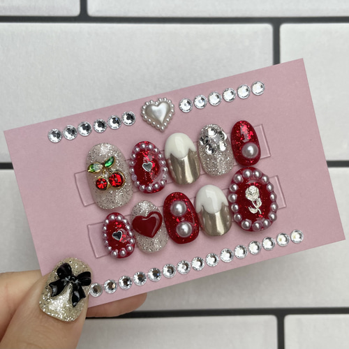 ネイルチップ専用出品 vivid cherry】ネイルチップ ラメ 赤 さくらんぼ ネイルチップ