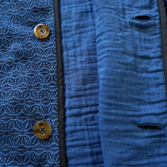 亞麻圖案無領夾克/藍色/三河棉刺子織 第8張的照片