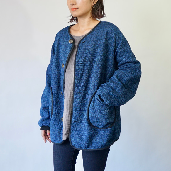 麻柄ノーカラージャケット/ブルー/三河木綿 刺し子織 ジャケット