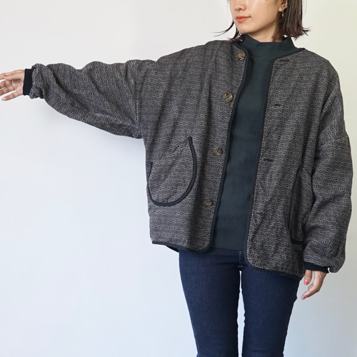 麻柄ノーカラージャケット/グレー/三河木綿 刺し子織 ジャケット