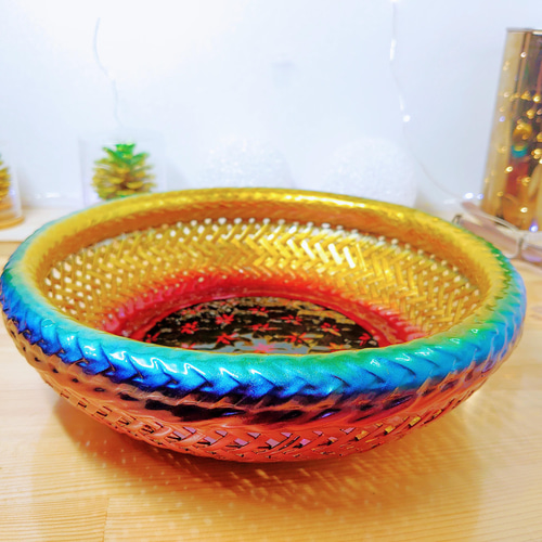 オレンジ 竹の漆器盆 オレンジ 竹の漆器盆 オレンジ 竹の漆器盆