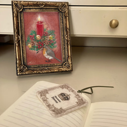 原画　クリスマスの小さい日本画　キャンドルとコマドリ 7枚目の画像