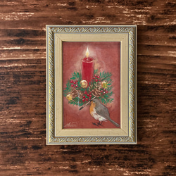 原画　クリスマスの小さい日本画　キャンドルとコマドリ 3枚目の画像