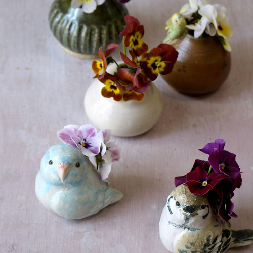水色の小鳥 マメルリハの一輪刺し（陶器の小鳥） 一輪挿し・花瓶・花器