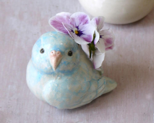 水色の小鳥 マメルリハの一輪刺し（陶器の小鳥） 一輪挿し・花瓶・花器