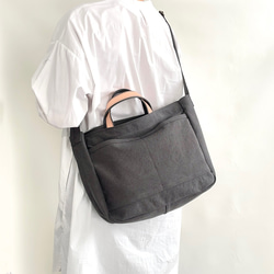 大人のこなれショルダーバッグ＊ウォッシュ帆布＋栃木レザー＊2way＊チャコール 3枚目の画像