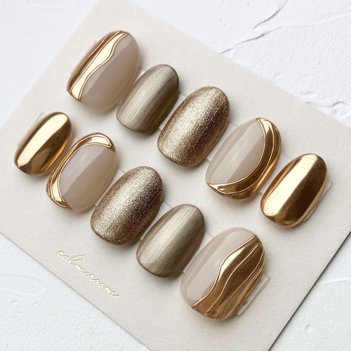 No.337]ミラーネイル/ニュアンス/ゴールド/うねうね/お出かけ/大人  