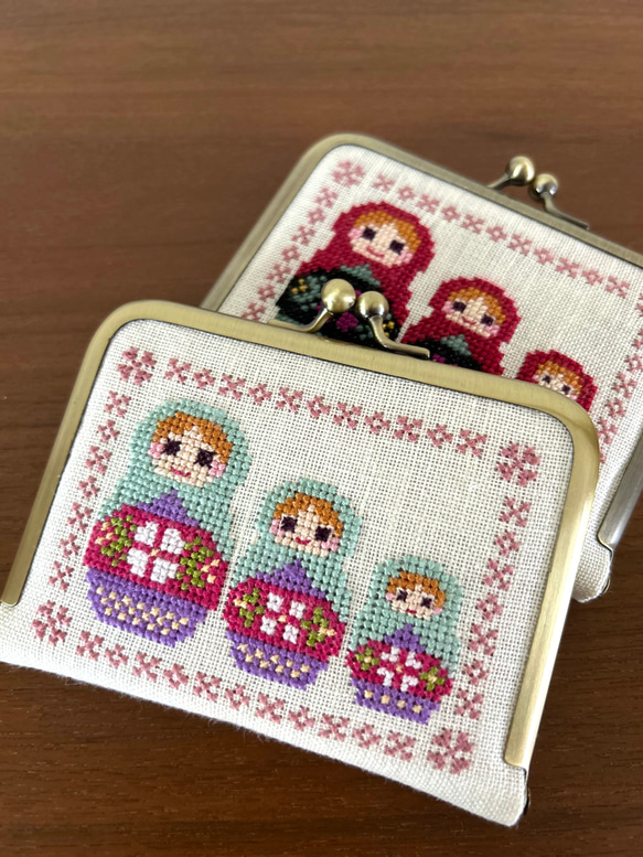 がま口　ソーイングセット　ニードルブック　刺繍　マトリョーシカ　ペパーミント 7枚目の画像