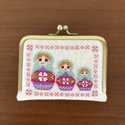 がま口　ソーイングセット　ニードルブック　刺繍　マトリョーシカ　ペパーミント 1枚目の画像